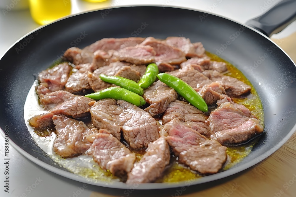 Delicious Sizzling Beef Steak in Pan with Green Chili Delicious Sizzling Beef Steak in Pan with Green Chili