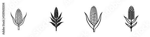 Minimalist vector line icons of various corn plants showcasing agricultural themes and design elements