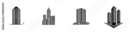 Vector minimalist line icons set showcasing various building designs and architectural styles for modern urban themes