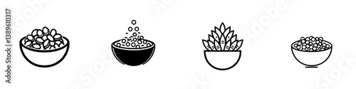 Vector minimalist line icons featuring bowls of various ingredients and elements representing food preparation activities