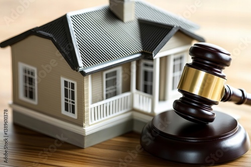 House Model with Gavel on Table: Symbolizing Property Sale and Legal Affairs in Real Estate.