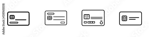 Set of vector minimalist line icons representing various credit card designs for digital or print use