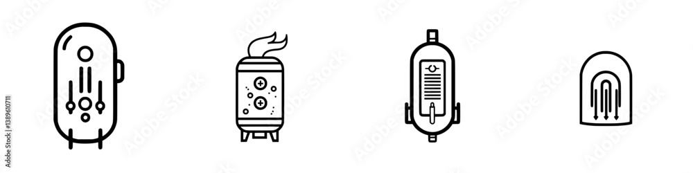 Collection of vector minimalist line icons showcasing different household appliances and objects for design projects and creative applications Collection of vector minimalist line icons showcasing different household appliances and objects for design projects and creative applications