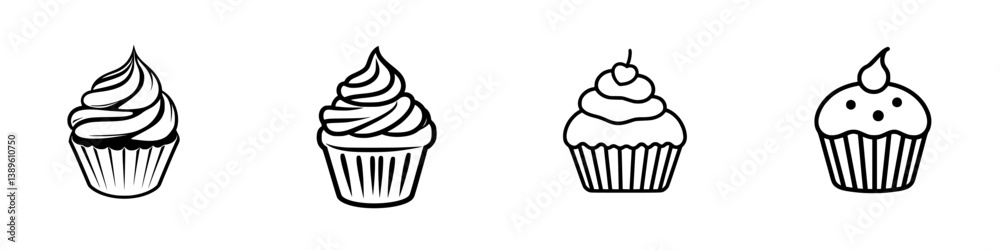Set of minimalist line icons depicting various cupcake designs showcasing simple and elegant styles Set of minimalist line icons depicting various cupcake designs showcasing simple and elegant styles