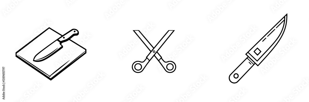 Minimalist vector line icons representing kitchen utensils for cooking and food preparation activities Minimalist vector line icons representing kitchen utensils for cooking and food preparation activities