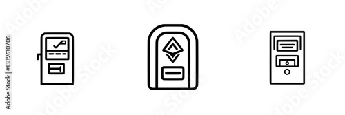 Vector minimalist line icons representing various automated service kiosks designed for modern convenience