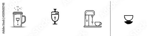 Vector minimalist line icons representing various coffee-making tools and processes for brewing the perfect cup