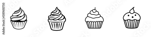 Set of minimalist line icons depicting various cupcake designs showcasing simple and elegant styles