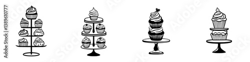 Set of vector minimalist line icons depicting various styles of cupcakes arranged on stands