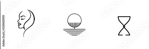 Minimalist line icons showcasing diverse themes including beauty, nature, and time conceptualization for modern design applications