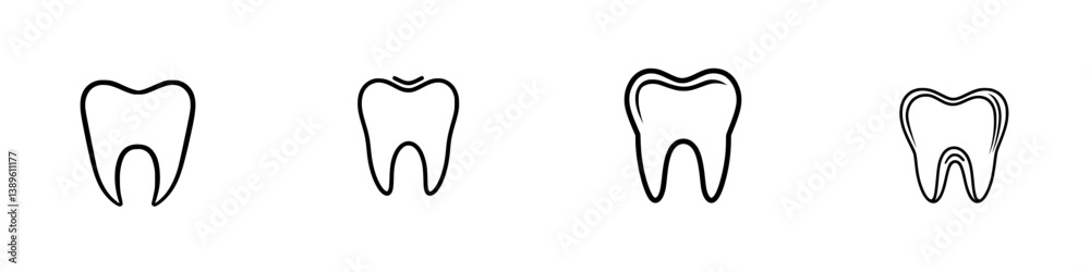 Collection of minimalist line icons depicting various tooth designs for dental theme or health applications Collection of minimalist line icons depicting various tooth designs for dental theme or health applications