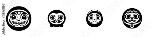 Minimalist vector line icons featuring traditional daruma dolls in various designs with distinct facial expressions