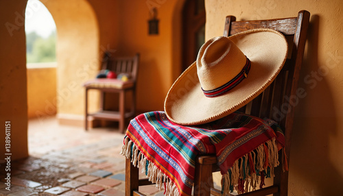 Sombrero on colorful serape draped over chair in rustic veranda
