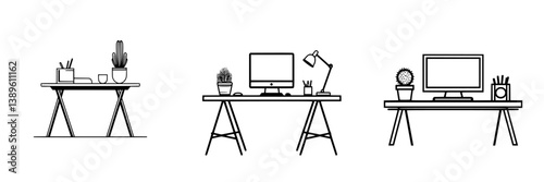 Minimalist line icons depicting various desk setups with plants and office equipment