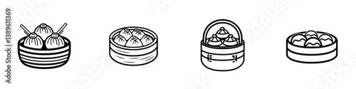 Collection of minimalist line icons showcasing various types of dumplings in bamboo steamers for culinary enthusiasts and graphic designers