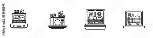 Collection of minimalist vector line icons representing kitchen appliances used for dishwashing and organizing utensils