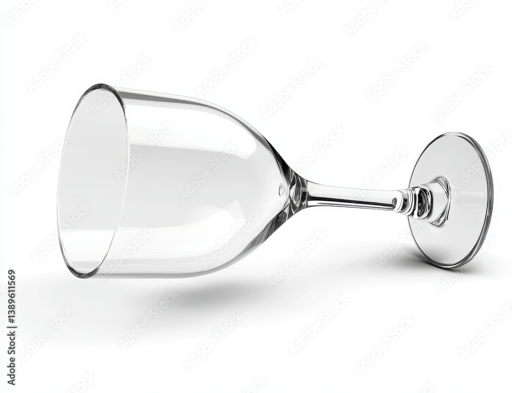 Empty Clear Wine Glass Lying Horizontally with Shadows on a White Background Reflecting Elegance and Simplicity in Studio Shot
