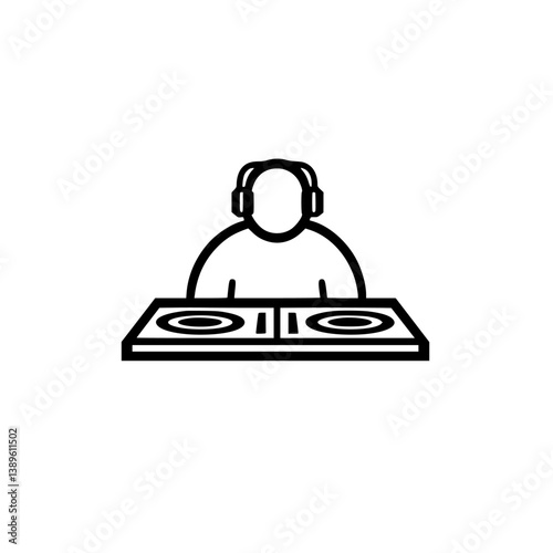 Minimalist line icons representing a DJ working at a turntable during a music event