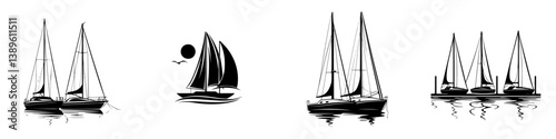 Collection of vector minimalist line icons depicting various sailing boats and yachts in different styles and arrangements