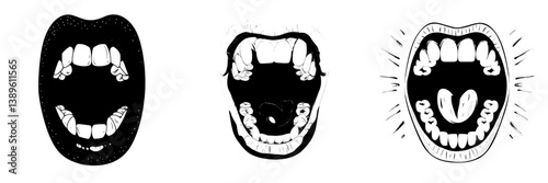 A modern icon of a vampire mouth with fangs is depicted as a cartoon of open female red lips with long pointed teeth and bloody saliva dripping