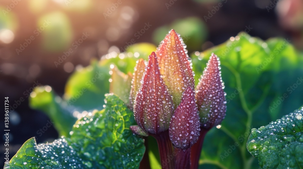 Fresh Buds with Dew Drops in Morning Light Over Green Leaves Fresh Buds with Dew Drops in Morning Light Over Green Leaves