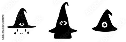 A modern cartoon witch hat icon features a magician's headwear with black and yellow stripes and an eyeball on the hatband, often used in Halloween costumes and depicted as a wizard cap isolated on a