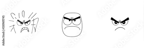 A modern cartoon icon is depicted as an emoji with angry eyes and gnashed teeth, conveying negative emotions through a comic face with a toothy mouth isolated on a white background