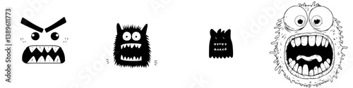 A modern cartoon icon of a monster face is depicted with an angry expression, characterized by its round toothy mouth and creepy eyes, set against a white background as a Halloween ghost, alien, or