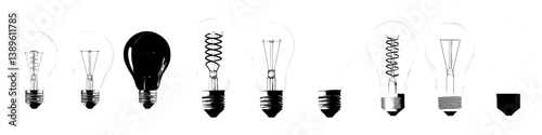 Modern cartoon icons include lightbulbs and lamps, featuring isolated electric LED and incandescent or energy saving light bulbs, along with cartoon or realistic lamps
