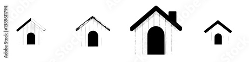 A realistic icon of a doghouse is depicted as an isolated wooden structure, complete with a roof and a bone above the entrance, serving as a modern home for dogs