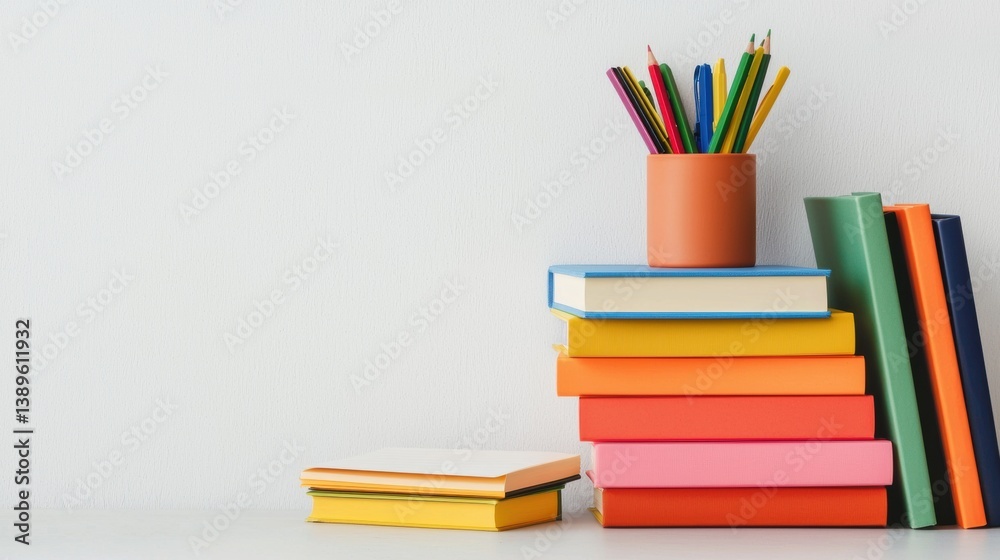 A tidy stack of colorful books with a pot of pencils on top, set against a simple white background, creating a vibrant and organized study space. A tidy stack of colorful books with a pot of pencils on top, set against a simple white background, creating a vibrant and organized study space.