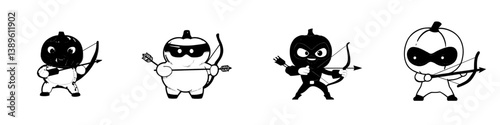 A cartoon pumpkin fairytale hero is depicted as a modern icon, symbolizing a funny vegetable in a cloak and mask, shooting with a bow, embodying a fairy tale robin hood character who promotes healthy