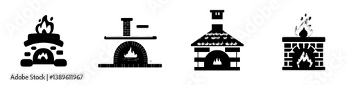 A brick fireplace featuring firewood and a burning flame, exemplifying a modern traditional style indoor chimney with a designated log storage area, set against a white background as a cartoonish