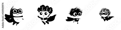 A modern icon of a cartoon spinach superhero is depicted as an isolated figure, representing a vegetable or greenery personage in a cape and mask while in flight, symbolizing a humorous fairytale