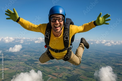 Skydiver Joyfully Soaring Through the Air Above Scenic Countryside Landscapes