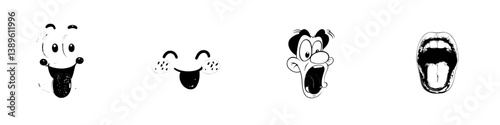 A cartoon face featuring a sticking tongue, a modern smile emoji facial expression, and goggle eyes looking upwards with an open mouth, symbolizing funny character feelings isolated on a white