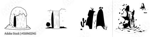The scenery features a cartoon waterfall with modern falling water from a cliff, along with a cascade and coastal nature elements, including torrent splashes