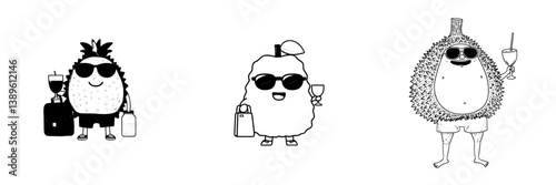 The modern durian personage, isolated and cartoonish, wears sunglasses and shorts while holding a towel and a glass of cocktail or juice after bathing