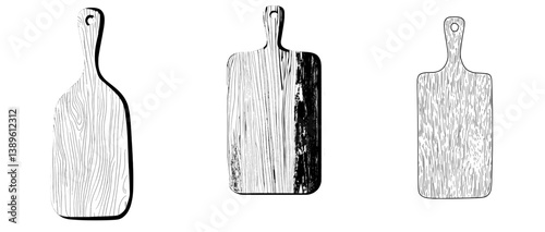 The board is used for cutting and chopping food and bread on a wooden hardboard that is isolated, along with a modern breadboard sketch icon