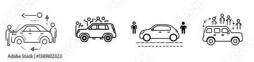 People utilize carpool services, which involve sharing vehicles with others, and this concept is often represented by linear icons depicting carpooling, car-sharing, ride-sharing, and lift-sharing