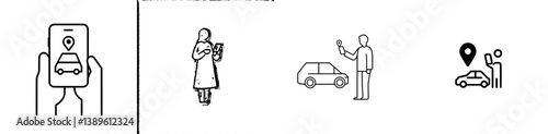 Modern linear icon of a vehicle with a location mark, representing autonomous online car sharing controlled through a smartphone app