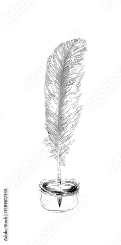An isolated inkwell and inkstand with feather pen are depicted alongside a modern ink bottle and a quill writing instrument
