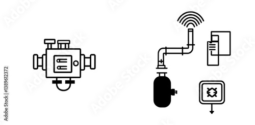 An isolated color outline icon represents a manometer device, which measures pressure in pipelines and is a modern measurement tool used for gas meters, oil meters, or vacuum gauges