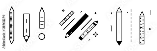 Modern school geometry tools and measurement instruments include a triangle, protractor, ruler, and pencil, isolated architect development icons