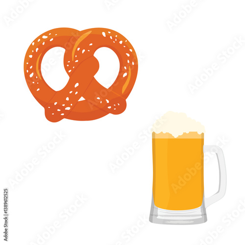 Cold mug of beer with foam and traditional pretzel. Glass of beer