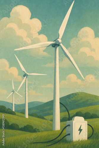 Wind Turbines Generate Renewable Energy in a Green Landscape Under a Blue Sky