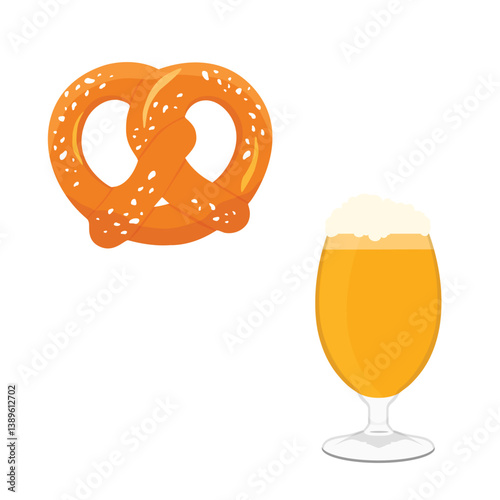 Cold mug of beer with foam and traditional pretzel. Glass of beer