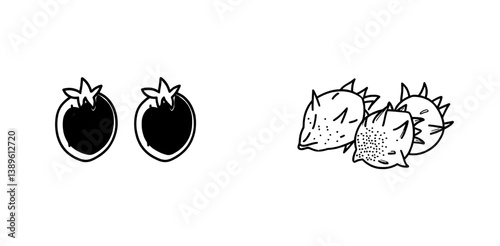 Isolated tropical food dessert line icon featuring dragon fruit pitaya, a modern and ripe pitahaya, showcasing juicy fruit and exotic tropical dragonfruit as a vegetarian option