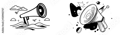 The illustration features a modern line art outline of a speaking trumpet in a single continuous line