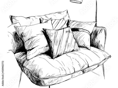 A cushion sketch drawing featuring hand drawn bedroom pillows, doodle cozy home textile sleeping accessories, and a modern illustration set